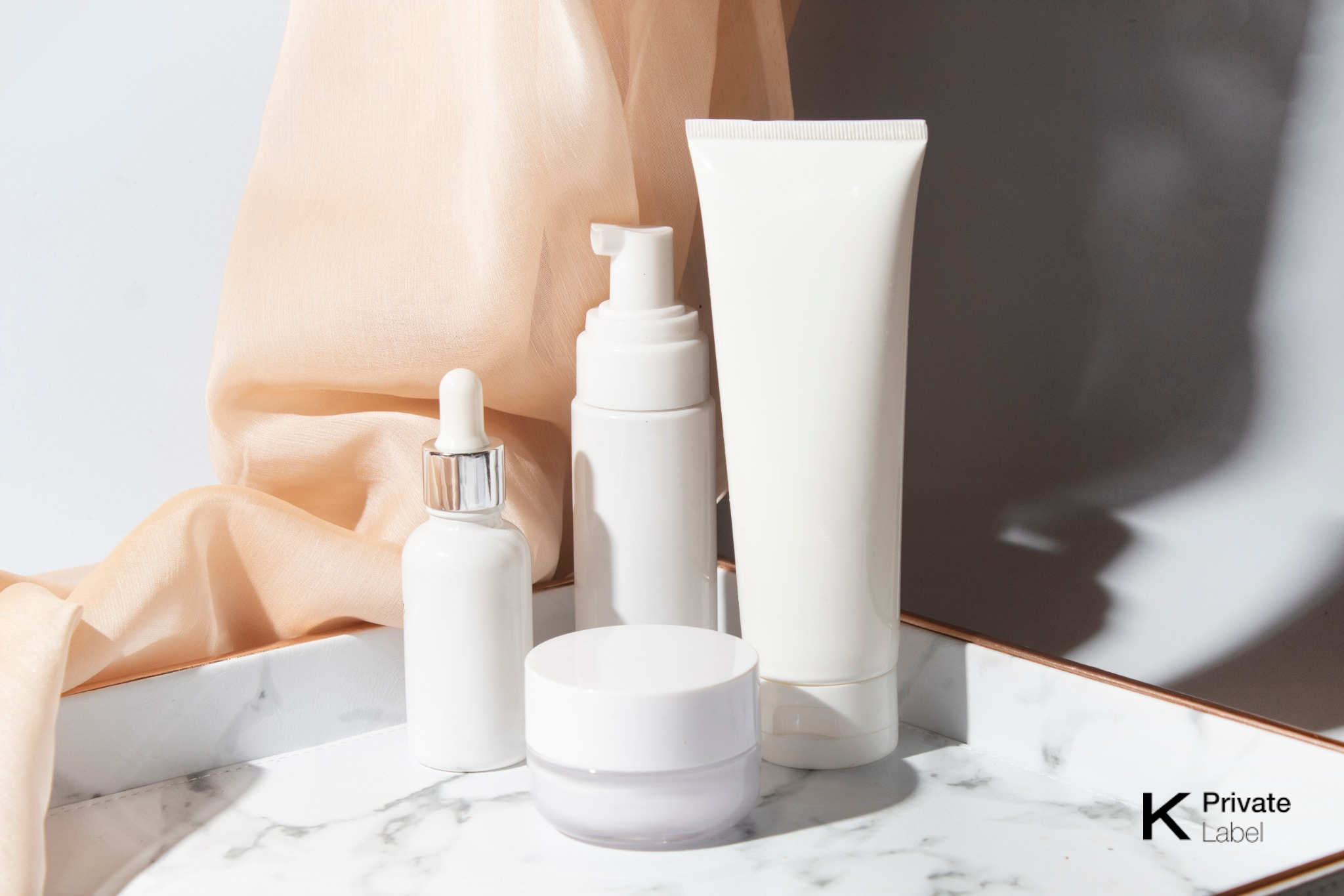Clean beauty skincare products in minimalist packaging for Korean private label brands
